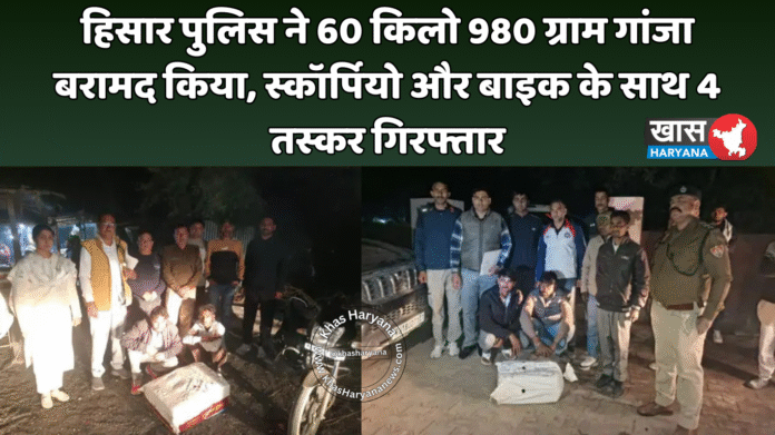 हिसार पुलिस ने 60 किलो 980 ग्राम गांजा बरामद किया, स्कॉर्पियो और बाइक के साथ 4 तस्कर गिरफ्तार